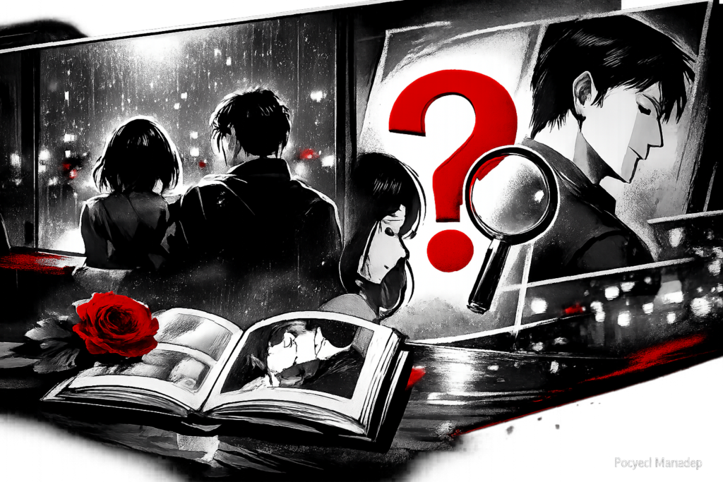 Ilustracja redakcyjna w stylu manga: półka z tomami i światło/cień sugerujące dojrzalszy romans, napis PolskaManga.pl jako subtelne logo